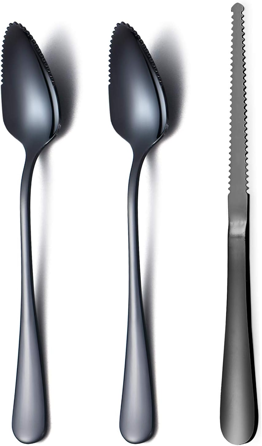 Black Grapefruit Spoons 3 Pieces Set, 2 Stainless Steel Grapefruit Spoon And 1 Grapefruit knife With Titanium Plating, Grapefruit Utensil Set, Serrated Edges Spoon pack of 3 (Black)