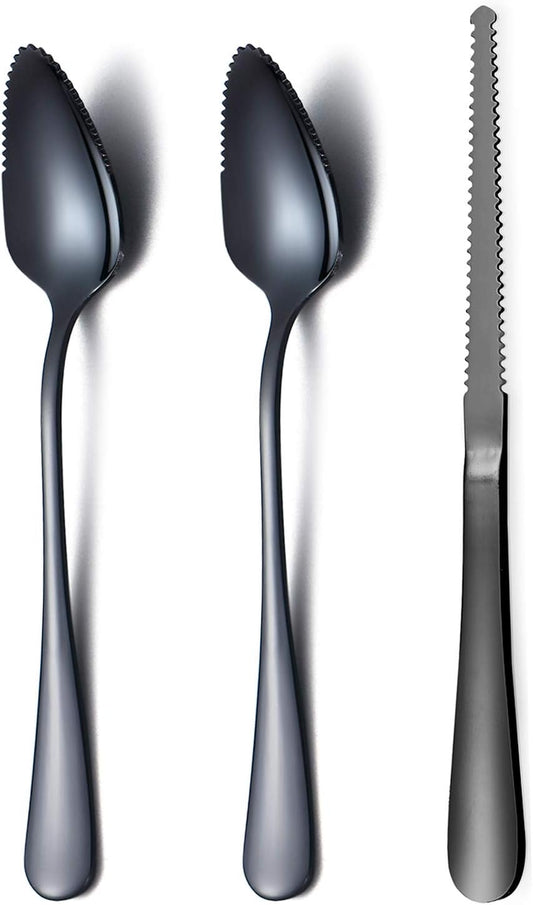 Black Grapefruit Spoons 3 Pieces Set, 2 Stainless Steel Grapefruit Spoon And 1 Grapefruit knife With Titanium Plating, Grapefruit Utensil Set, Serrated Edges Spoon pack of 3 (Black)