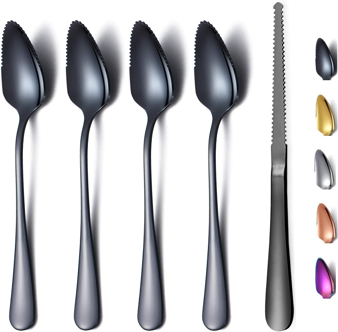 Black Grapefruit Spoons 3 Pieces Set, 2 Stainless Steel Grapefruit Spoon And 1 Grapefruit knife With Titanium Plating, Grapefruit Utensil Set, Serrated Edges Spoon pack of 3 (Black)