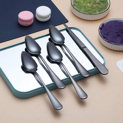 Black Grapefruit Spoons 3 Pieces Set, 2 Stainless Steel Grapefruit Spoon And 1 Grapefruit knife With Titanium Plating, Grapefruit Utensil Set, Serrated Edges Spoon pack of 3 (Black)