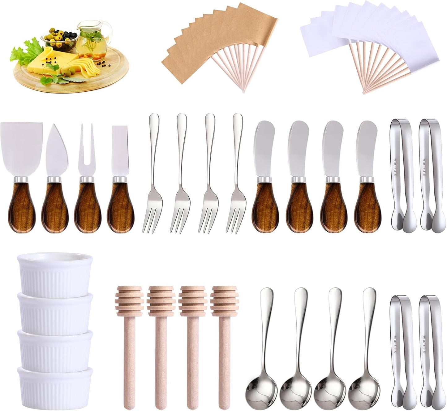 Charcuterie Boards Accessories(29 PCS) Cheese Spreaders for Charcuterie Board Mini Serving Spoon Fork Tongs Blank Toothpick Flags Bowl