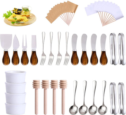 Charcuterie Boards Accessories(29 PCS) Cheese Spreaders for Charcuterie Board Mini Serving Spoon Fork Tongs Blank Toothpick Flags Bowl