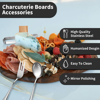 Charcuterie Boards Accessories(29 PCS) Cheese Spreaders for Charcuterie Board Mini Serving Spoon Fork Tongs Blank Toothpick Flags Bowl