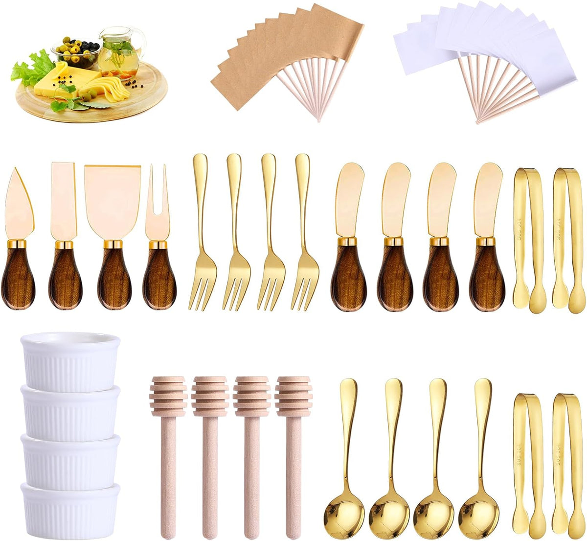 Charcuterie Boards Accessories(29 PCS) Cheese Spreaders for Charcuterie Board Mini Serving Spoon Fork Tongs Blank Toothpick Flags Bowl