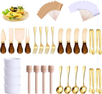 Charcuterie Boards Accessories(29 PCS) Cheese Spreaders for Charcuterie Board Mini Serving Spoon Fork Tongs Blank Toothpick Flags Bowl