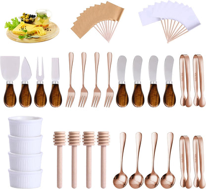 Charcuterie Boards Accessories(29 PCS) Cheese Spreaders for Charcuterie Board Mini Serving Spoon Fork Tongs Blank Toothpick Flags Bowl