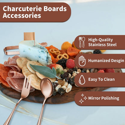 Charcuterie Boards Accessories(29 PCS) Cheese Spreaders for Charcuterie Board Mini Serving Spoon Fork Tongs Blank Toothpick Flags Bowl