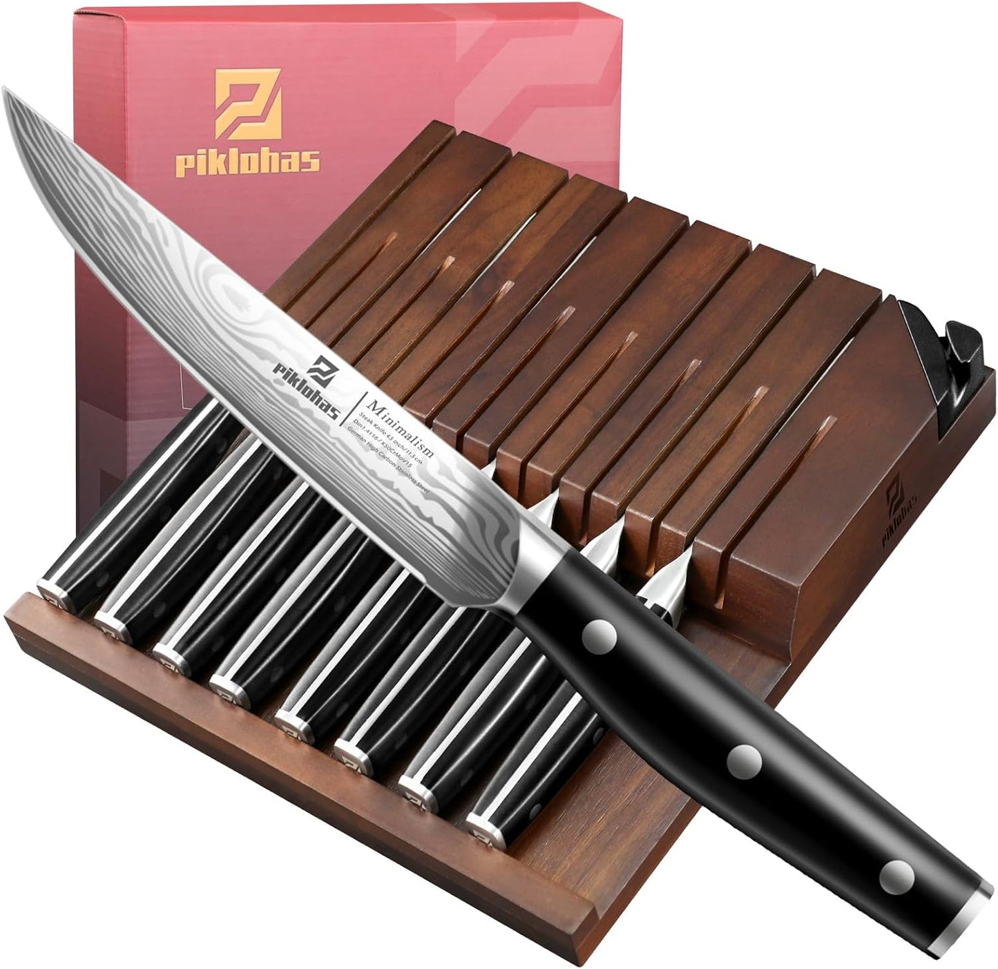 Steak Knives Set of 8, 4.6 Inch Non Serrated Dinner Knife, Forged German Steel Damascus Pattern Straight Edge Meat Knife with Full Tang Handle, Dishwasher Safe, Ideal for Gift