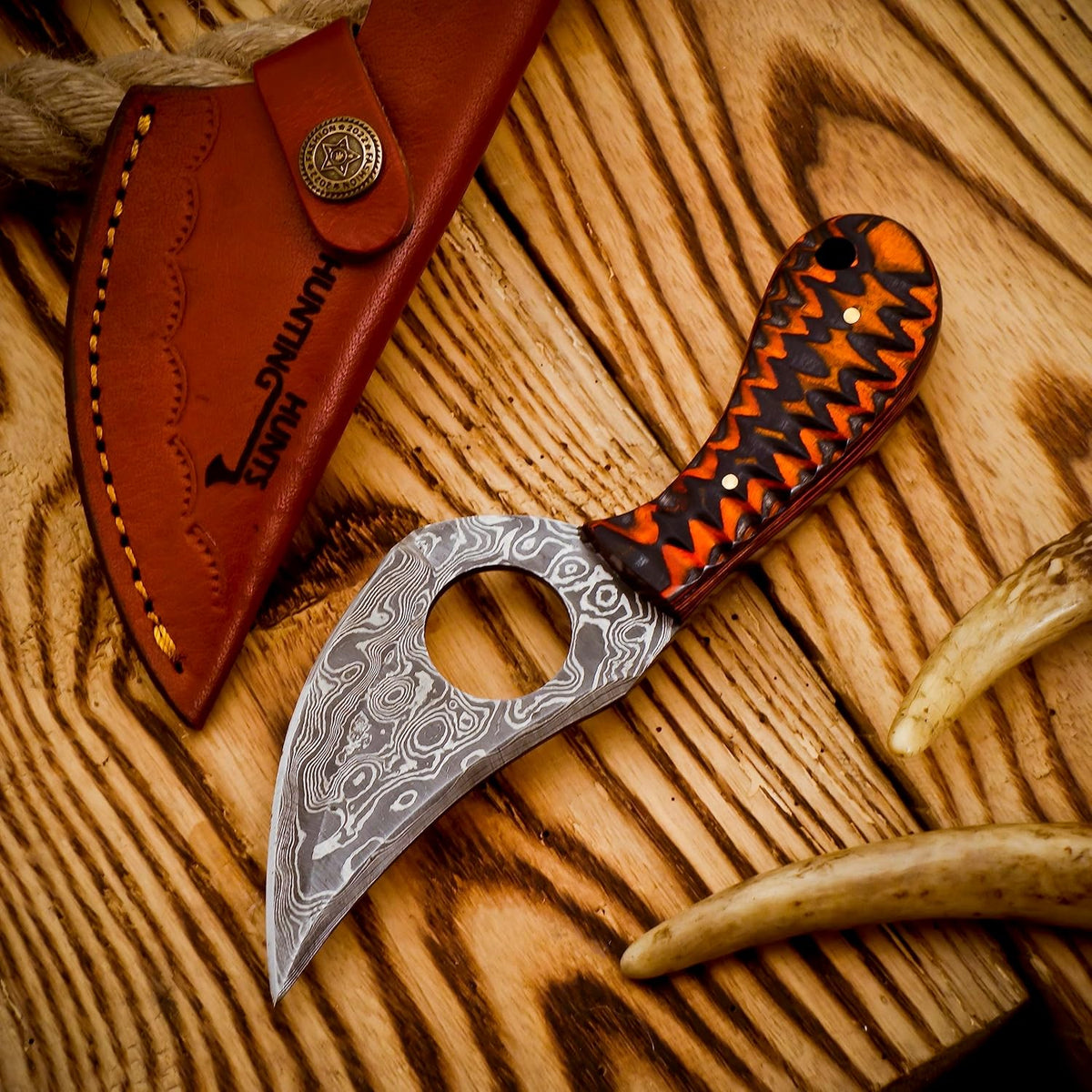 Predator Hunter - Handmade Damascus Knife with Leather Sheath - For Skinning, Camping, Outdoor - EDC 7” Fixed Blade Bushcraft Knives | Red Black Exotic Wood Handle
