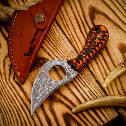 Predator Hunter - Handmade Damascus Knife with Leather Sheath - For Skinning, Camping, Outdoor - EDC 7” Fixed Blade Bushcraft Knives | Red Black Exotic Wood Handle