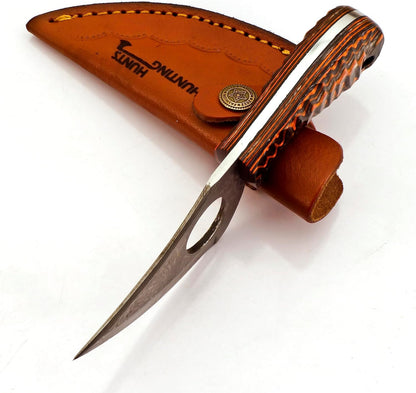 Predator Hunter - Handmade Damascus Knife with Leather Sheath - For Skinning, Camping, Outdoor - EDC 7” Fixed Blade Bushcraft Knives | Red Black Exotic Wood Handle
