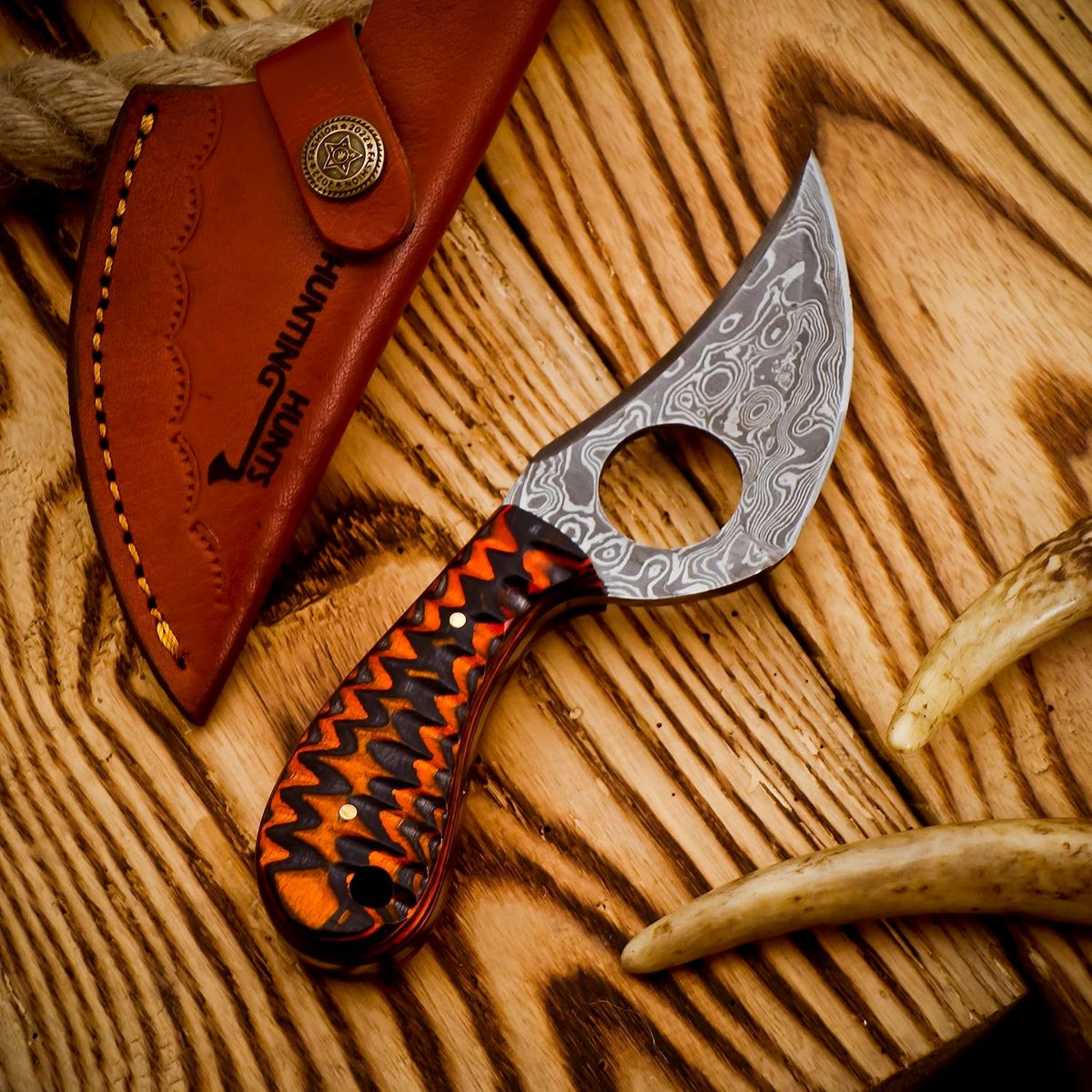 Predator Hunter - Handmade Damascus Knife with Leather Sheath - For Skinning, Camping, Outdoor - EDC 7” Fixed Blade Bushcraft Knives | Red Black Exotic Wood Handle