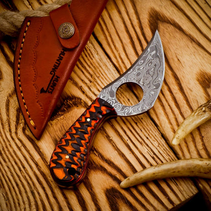 Predator Hunter - Handmade Damascus Knife with Leather Sheath - For Skinning, Camping, Outdoor - EDC 7” Fixed Blade Bushcraft Knives | Red Black Exotic Wood Handle