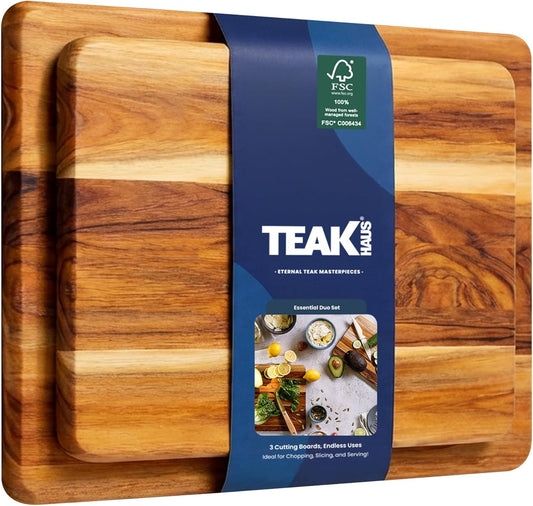 Teak Wood Cutting Board Set of 2 - Small and Large Teak Cutting Boards - Holiday Gift Ideas for Men and Women - Gift-Ready, Reversible, Edge Grain, Knife Friendly - FSC Certified