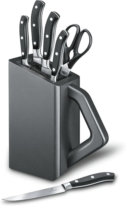 Grand Maitre Cutlery Block - Modern Block with Knives - Includes Kitchen Scissors, Chef's Knife, Santoku & More - Black Handles, 6-Piece Set