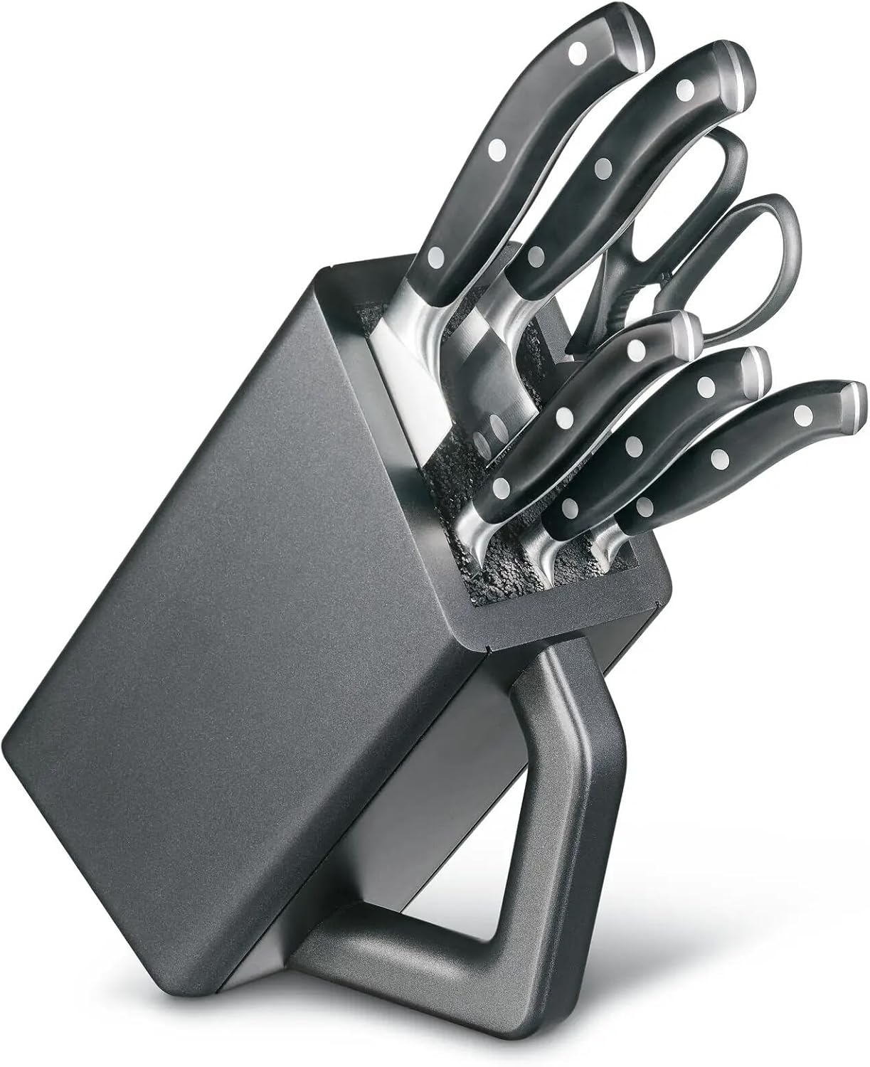 Grand Maitre Cutlery Block - Modern Block with Knives - Includes Kitchen Scissors, Chef's Knife, Santoku & More - Black Handles, 6-Piece Set