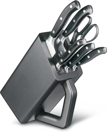 Grand Maitre Cutlery Block - Modern Block with Knives - Includes Kitchen Scissors, Chef's Knife, Santoku & More - Black Handles, 6-Piece Set
