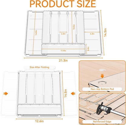 Large Clear Expandable Silverware Drawer Organizer for Kitchen,BPA FREE Adjustable Utensil Drawer Organizer and Silverware Tray,Plastic Flatware Organizers,Cutlery,Knife,Fork and Spoon Holder