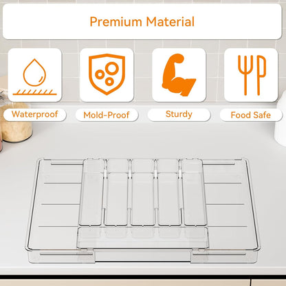 Large Clear Expandable Silverware Drawer Organizer for Kitchen,BPA FREE Adjustable Utensil Drawer Organizer and Silverware Tray,Plastic Flatware Organizers,Cutlery,Knife,Fork and Spoon Holder