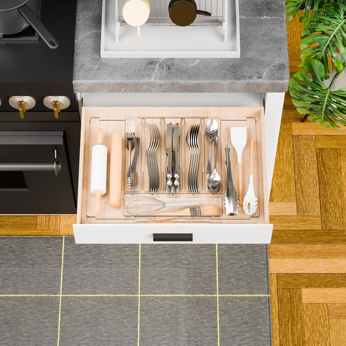 Large Clear Expandable Silverware Drawer Organizer for Kitchen,BPA FREE Adjustable Utensil Drawer Organizer and Silverware Tray,Plastic Flatware Organizers,Cutlery,Knife,Fork and Spoon Holder