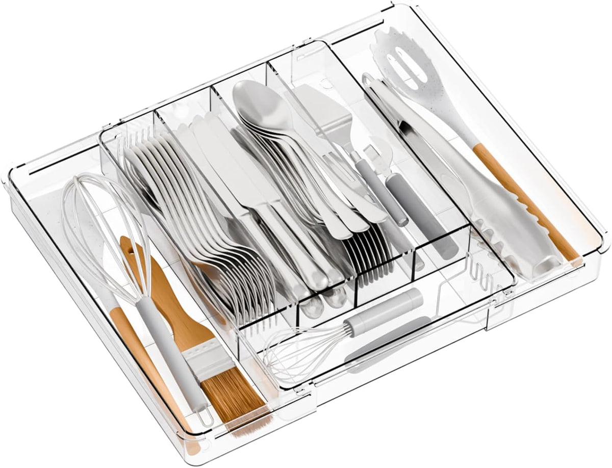Large Clear Expandable Silverware Drawer Organizer for Kitchen,BPA FREE Adjustable Utensil Drawer Organizer and Silverware Tray,Plastic Flatware Organizers,Cutlery,Knife,Fork and Spoon Holder