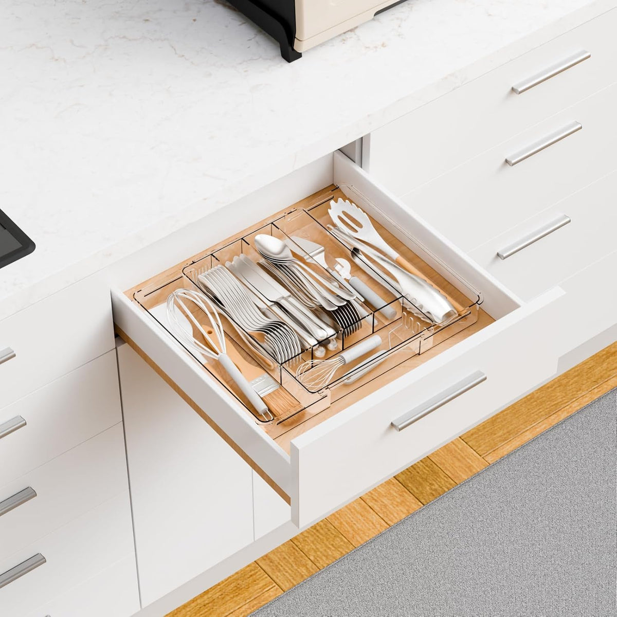Large Clear Expandable Silverware Drawer Organizer for Kitchen,BPA FREE Adjustable Utensil Drawer Organizer and Silverware Tray,Plastic Flatware Organizers,Cutlery,Knife,Fork and Spoon Holder