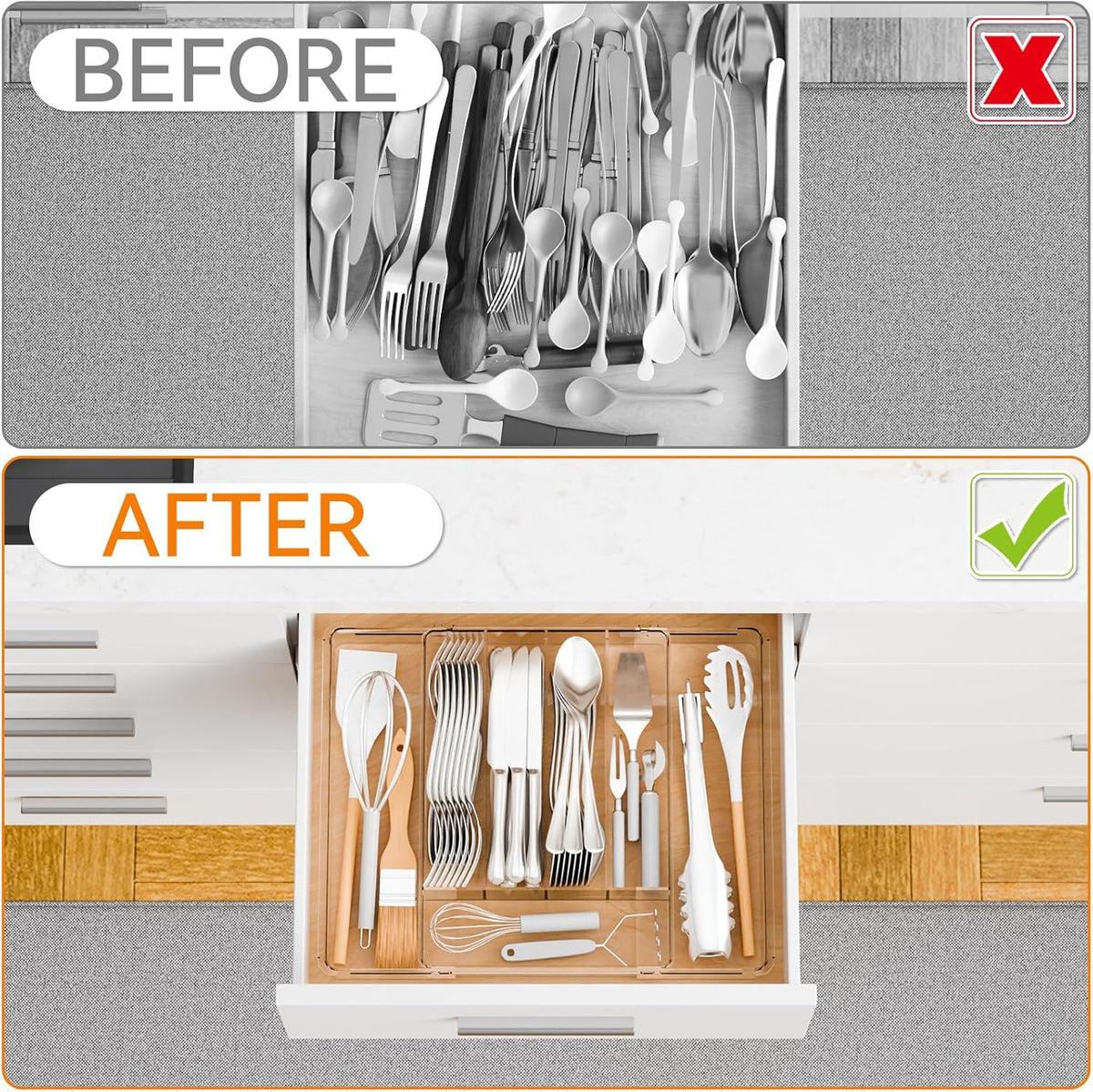 Large Clear Expandable Silverware Drawer Organizer for Kitchen,BPA FREE Adjustable Utensil Drawer Organizer and Silverware Tray,Plastic Flatware Organizers,Cutlery,Knife,Fork and Spoon Holder