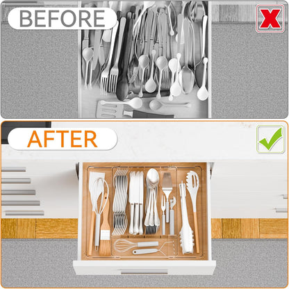 Large Clear Expandable Silverware Drawer Organizer for Kitchen,BPA FREE Adjustable Utensil Drawer Organizer and Silverware Tray,Plastic Flatware Organizers,Cutlery,Knife,Fork and Spoon Holder