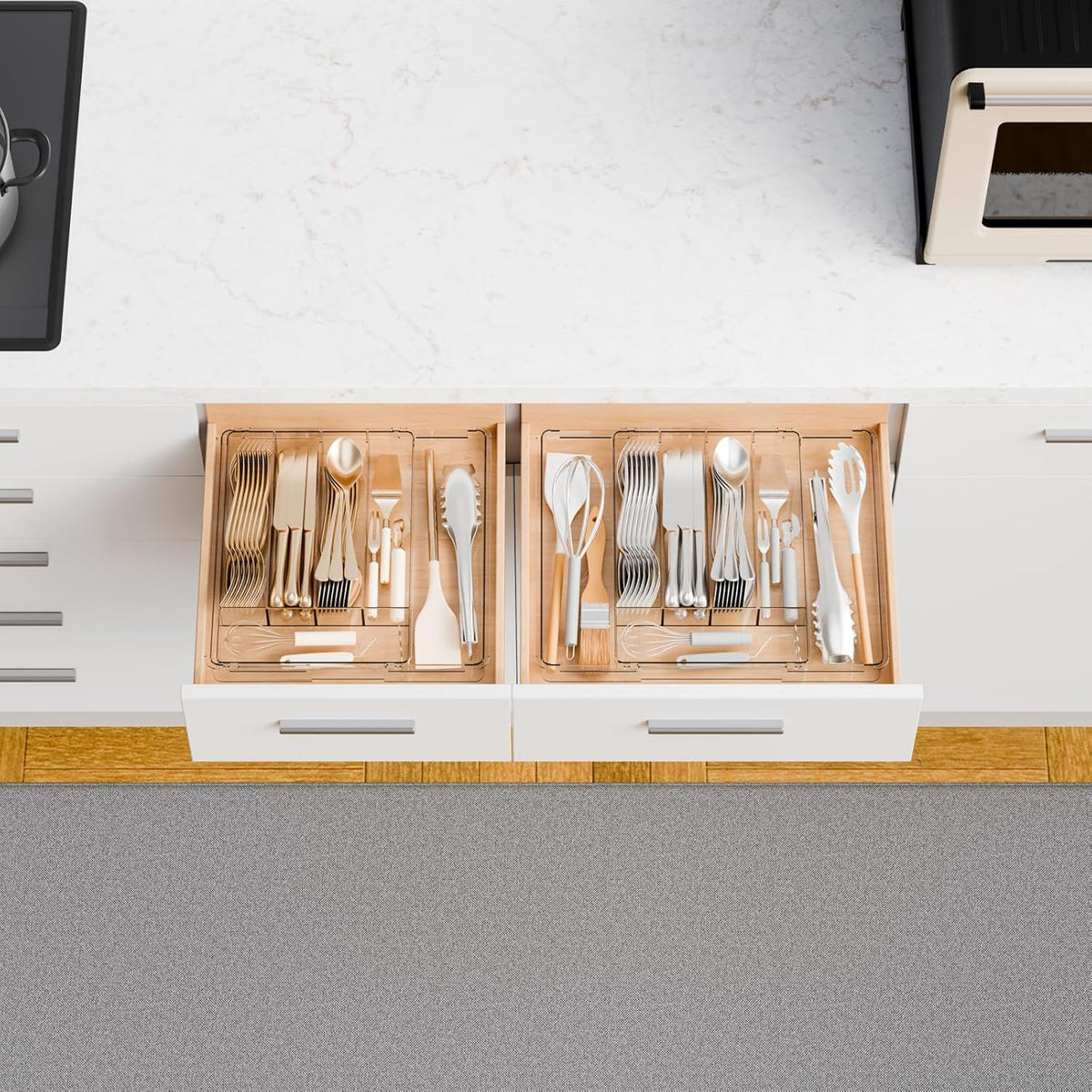 Large Clear Expandable Silverware Drawer Organizer for Kitchen,BPA FREE Adjustable Utensil Drawer Organizer and Silverware Tray,Plastic Flatware Organizers,Cutlery,Knife,Fork and Spoon Holder