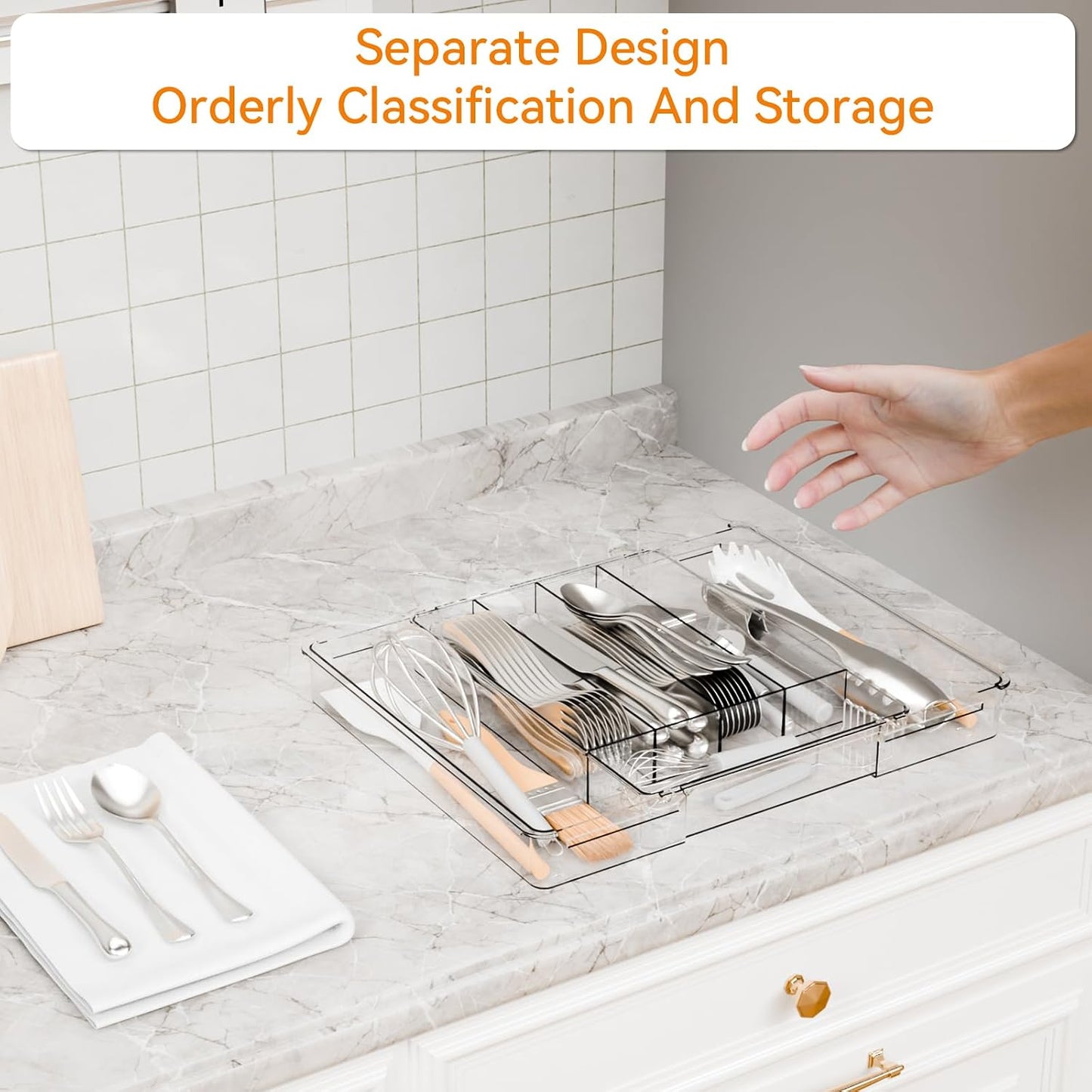 Large Clear Expandable Silverware Drawer Organizer for Kitchen,BPA FREE Adjustable Utensil Drawer Organizer and Silverware Tray,Plastic Flatware Organizers,Cutlery,Knife,Fork and Spoon Holder