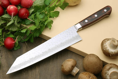 Yoshihiro VG10 Hammered Damascus Kiritsuke Sword Tip Multipurpose Japanese Chef Knife 8.25 inch - Western Style Mahogany Handle