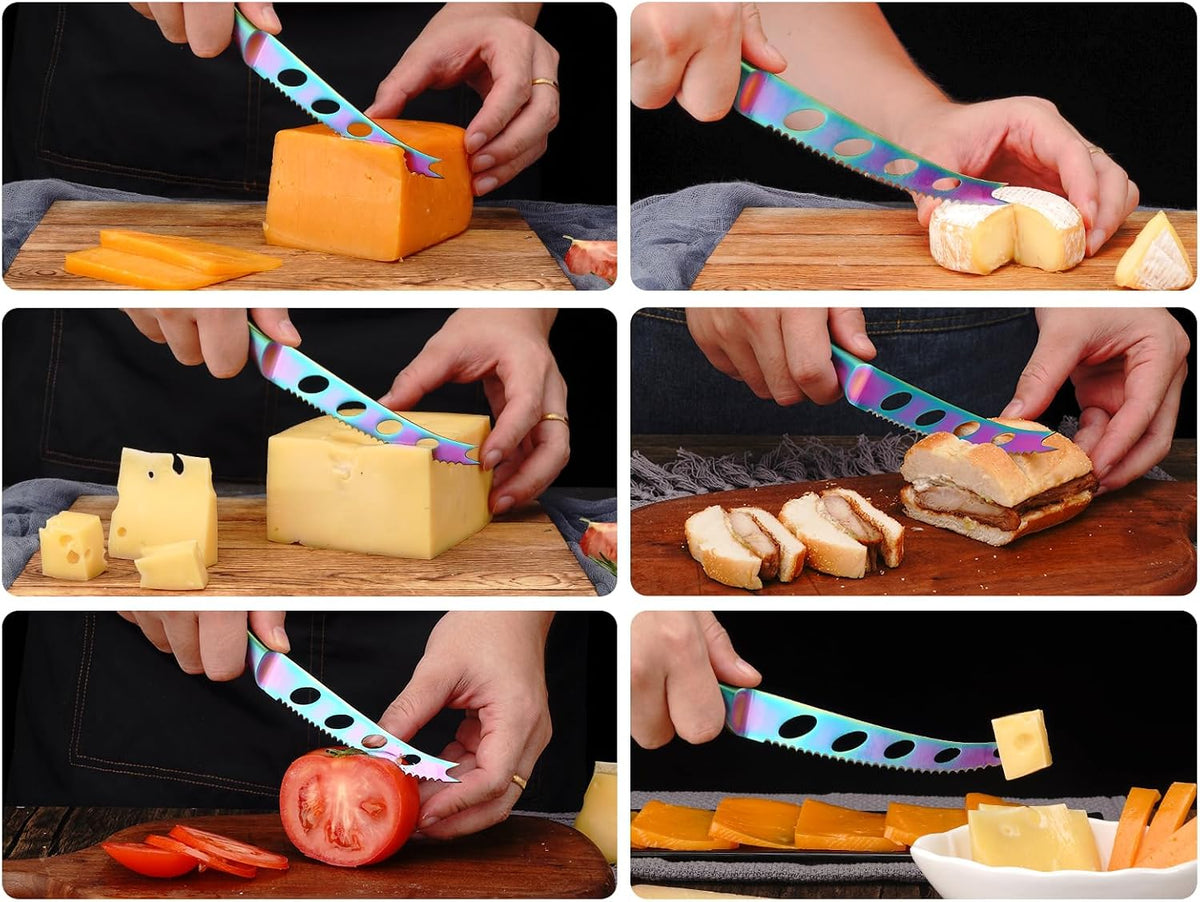 Cheese Knife, Serrated Tomato Knife 5 Inch Sharp High Carbon Stainless Steel Blade for Cutting All Cheese Types - Rainbow