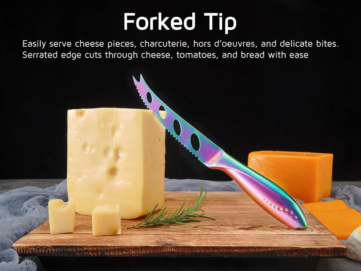 Cheese Knife, Serrated Tomato Knife 5 Inch Sharp High Carbon Stainless Steel Blade for Cutting All Cheese Types - Rainbow