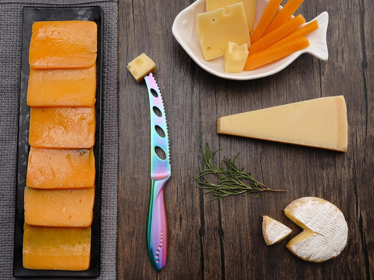 Cheese Knife, Serrated Tomato Knife 5 Inch Sharp High Carbon Stainless Steel Blade for Cutting All Cheese Types - Rainbow