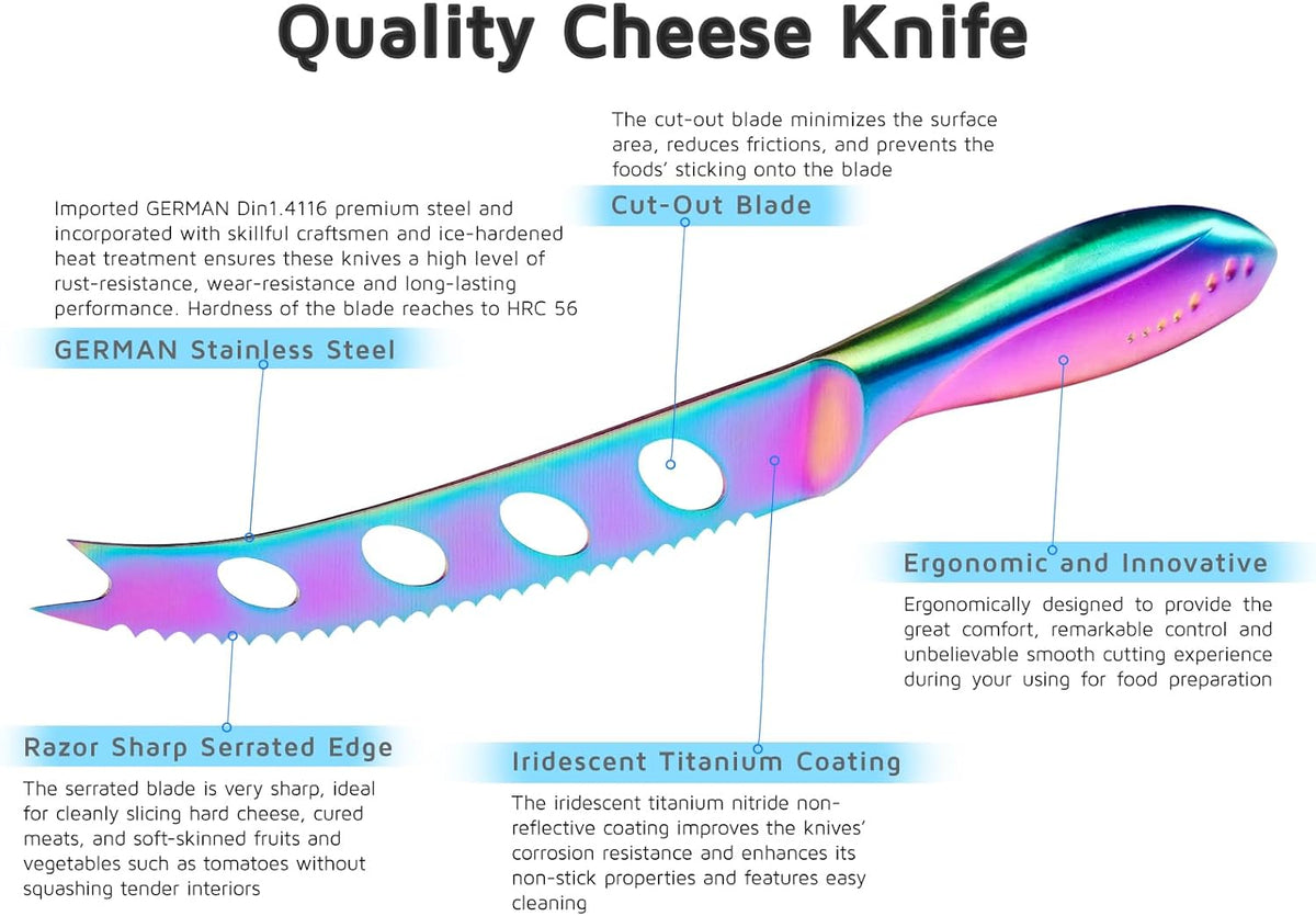 Cheese Knife, Serrated Tomato Knife 5 Inch Sharp High Carbon Stainless Steel Blade for Cutting All Cheese Types - Rainbow