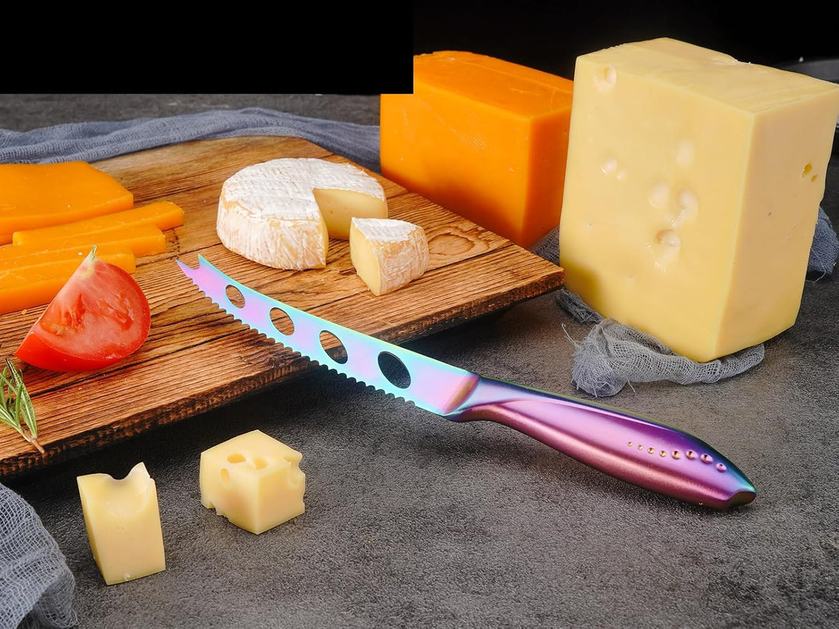 Cheese Knife, Serrated Tomato Knife 5 Inch Sharp High Carbon Stainless Steel Blade for Cutting All Cheese Types - Rainbow