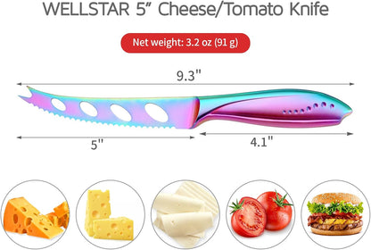 Cheese Knife, Serrated Tomato Knife 5 Inch Sharp High Carbon Stainless Steel Blade for Cutting All Cheese Types - Rainbow