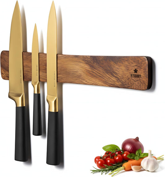 Magnetic Knife Holder for Wall-16 inches long Kitchen Organizer- No Drilling Knife Magnetic Strip- Compact Utensil Holder- Acacia Wood Knife Rack- Strong Knife Magnet- Easy Installation