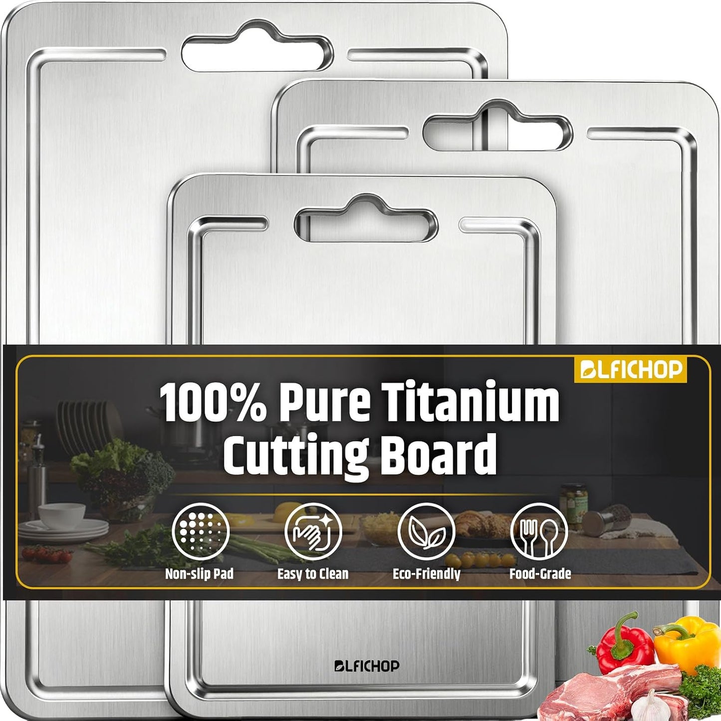 3-Piece Titanium Cutting Board Set with Juice Groove for Kitchen
