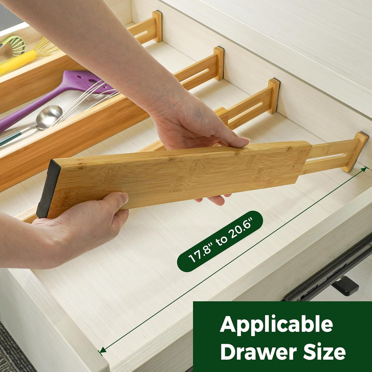 4 Pcs Bamboo Kitchen Drawer Dividers, Large Drawers Organizers | Adjustable Spring Loaded Expandable Organization, Works in Dresser, Bathroom, Bedroom, Office, Fit 17.8"-20.6" Drawer, 2.4"H