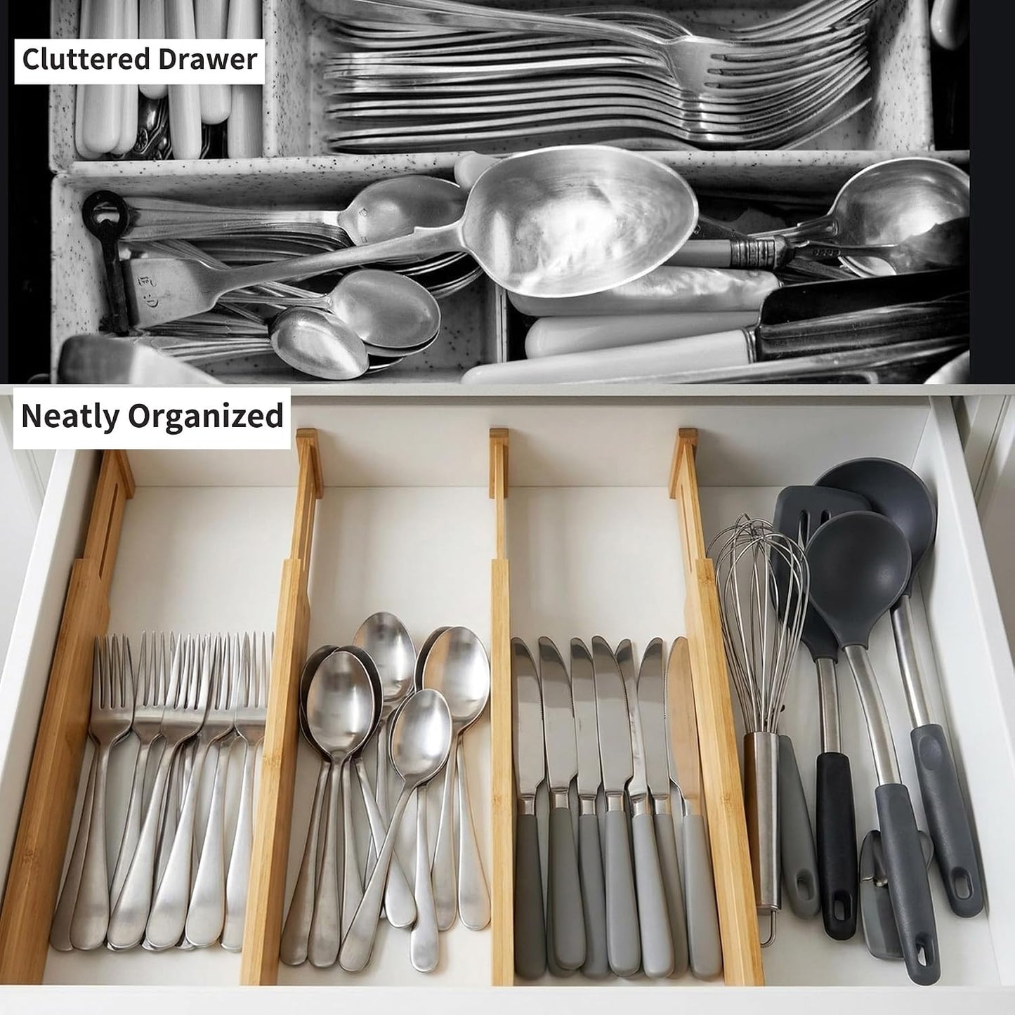 4 Pcs Bamboo Kitchen Drawer Dividers, Large Drawers Organizers | Adjustable Spring Loaded Expandable Organization, Works in Dresser, Bathroom, Bedroom, Office, Fit 17.8"-20.6" Drawer, 2.4"H