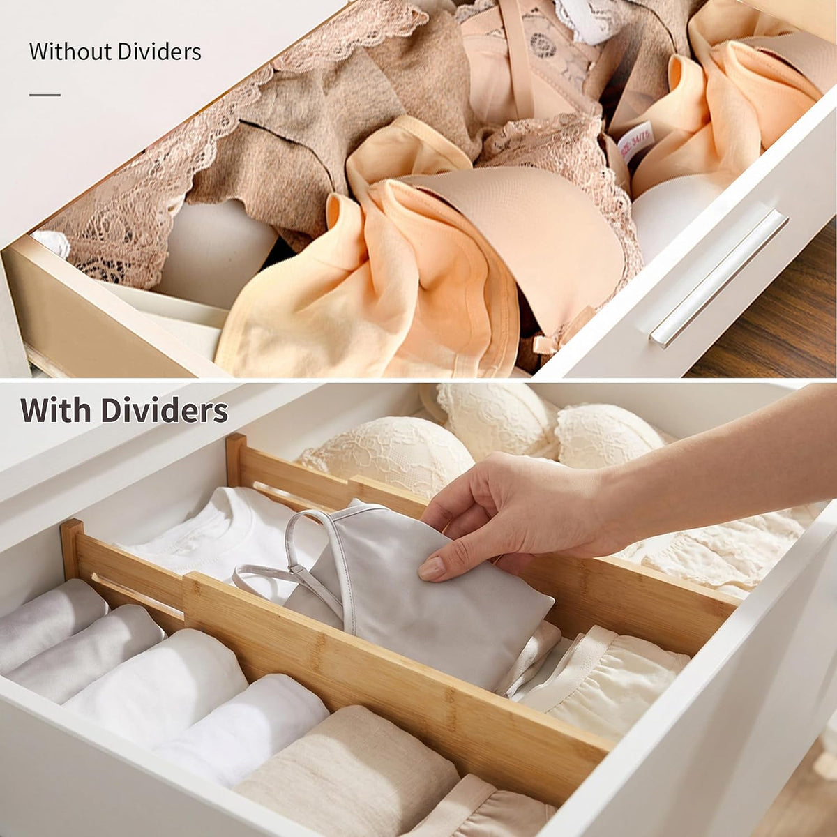 4 Pcs Bamboo Kitchen Drawer Dividers, Large Drawers Organizers | Adjustable Spring Loaded Expandable Organization, Works in Dresser, Bathroom, Bedroom, Office, Fit 17.8"-20.6" Drawer, 2.4"H