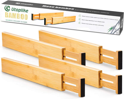 4 Pcs Bamboo Kitchen Drawer Dividers, Large Drawers Organizers | Adjustable Spring Loaded Expandable Organization, Works in Dresser, Bathroom, Bedroom, Office, Fit 17.8"-20.6" Drawer, 2.4"H
