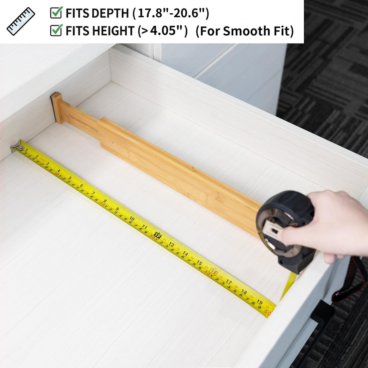 4 Pcs Bamboo Kitchen Drawer Dividers, Large Drawers Organizers | Adjustable Spring Loaded Expandable Organization, Works in Dresser, Bathroom, Bedroom, Office, Fit 17.8"-20.6" Drawer, 2.4"H