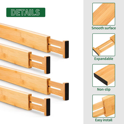 4 Pcs Bamboo Kitchen Drawer Dividers, Large Drawers Organizers | Adjustable Spring Loaded Expandable Organization, Works in Dresser, Bathroom, Bedroom, Office, Fit 17.8"-20.6" Drawer, 2.4"H