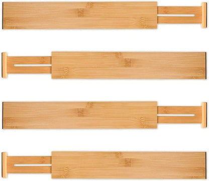4 Pcs Bamboo Kitchen Drawer Dividers, Large Drawers Organizers | Adjustable Spring Loaded Expandable Organization, Works in Dresser, Bathroom, Bedroom, Office, Fit 17.8"-20.6" Drawer, 2.4"H