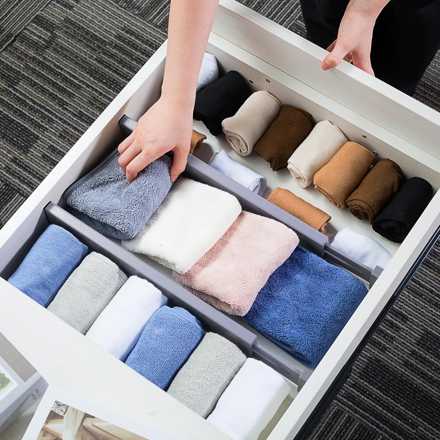 4 Pcs Bamboo Kitchen Drawer Dividers, Large Drawers Organizers | Adjustable Spring Loaded Expandable Organization, Works in Dresser, Bathroom, Bedroom, Office, Fit 17.8"-20.6" Drawer, 2.4"H