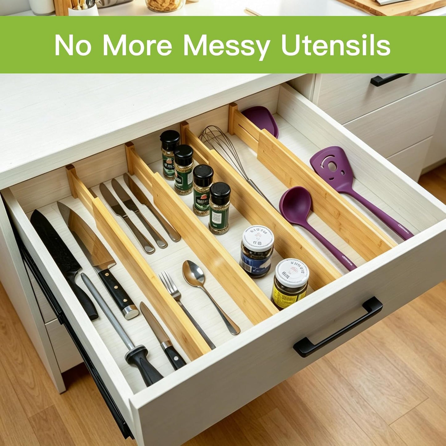 4 Pcs Bamboo Kitchen Drawer Dividers, Large Drawers Organizers | Adjustable Spring Loaded Expandable Organization, Works in Dresser, Bathroom, Bedroom, Office, Fit 17.8"-20.6" Drawer, 2.4"H