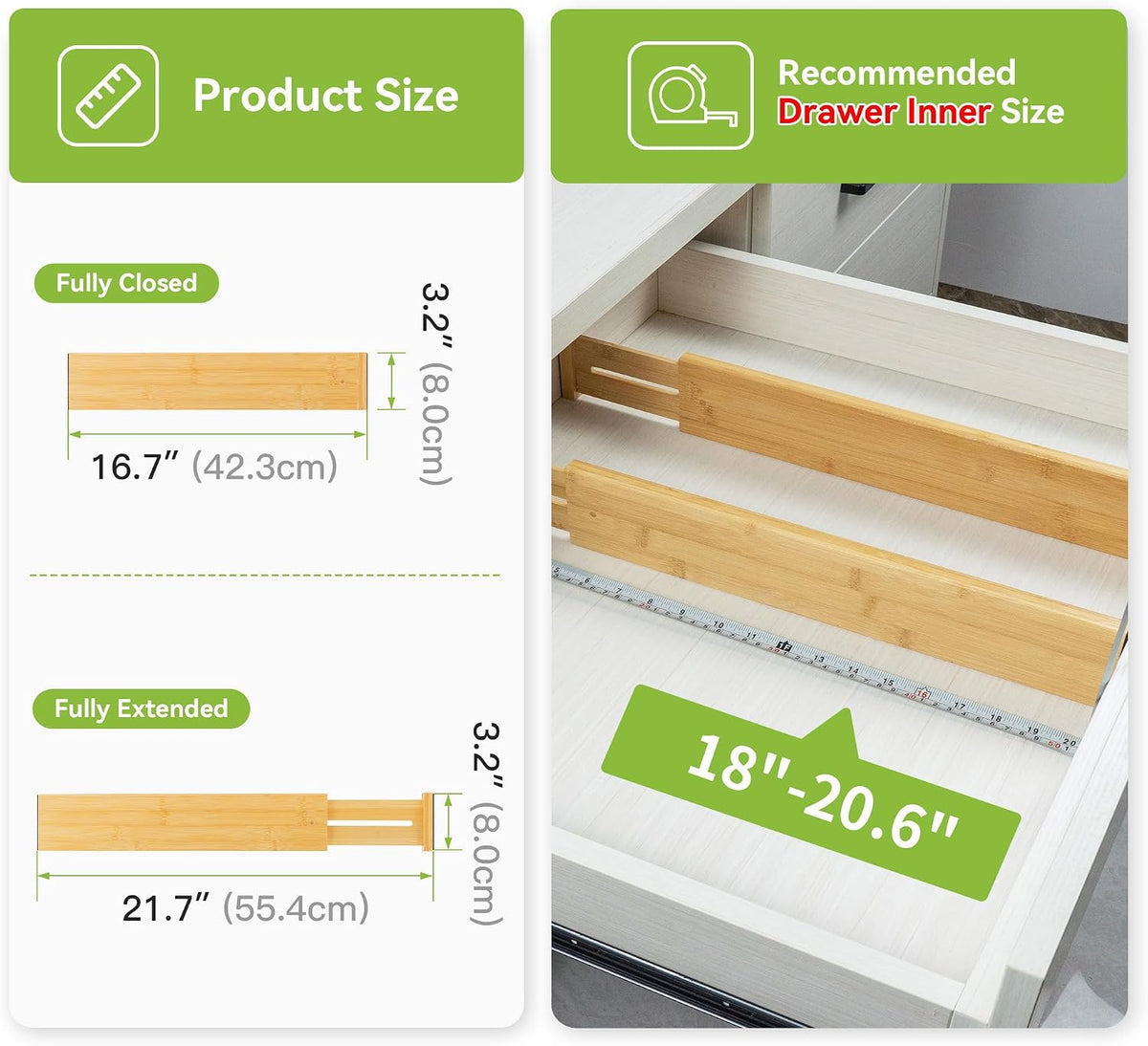 4 Pcs Bamboo Kitchen Drawer Dividers, Large Drawers Organizers | Adjustable Spring Loaded Expandable Organization, Works in Dresser, Bathroom, Bedroom, Office, Fit 17.8"-20.6" Drawer, 2.4"H