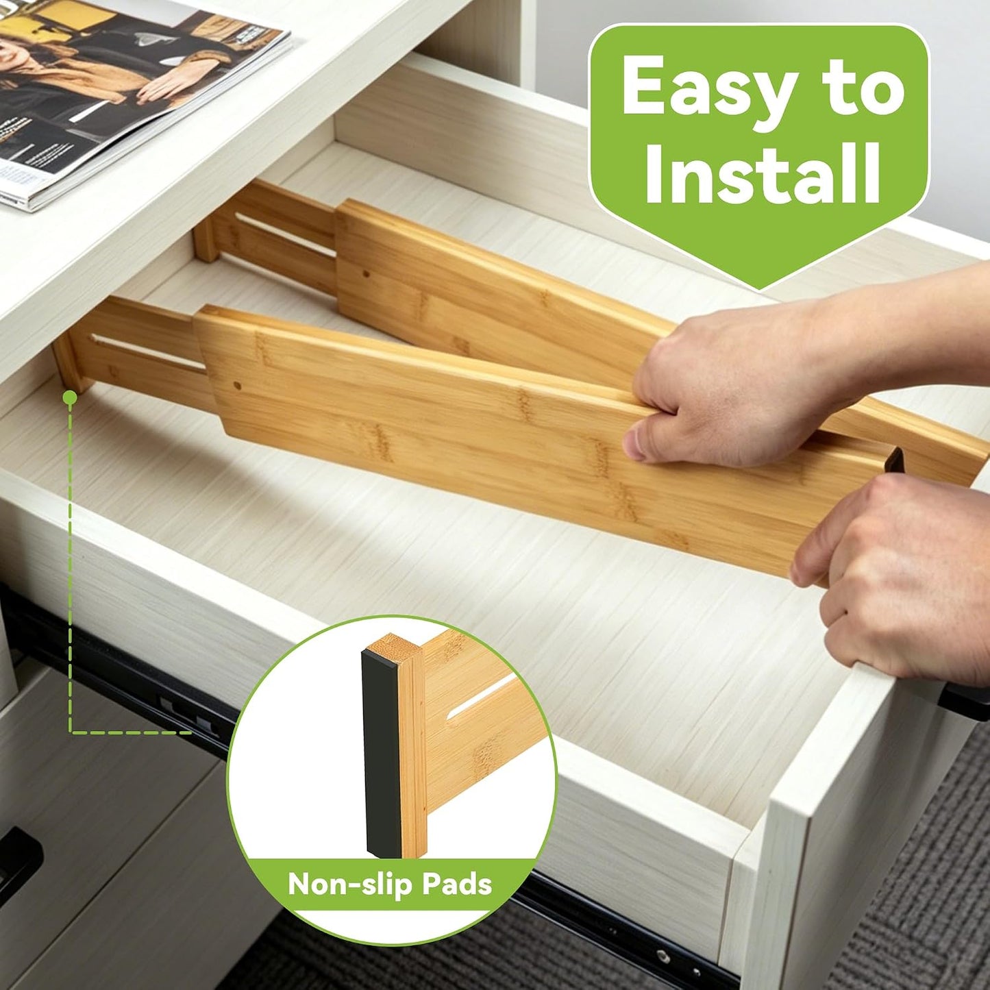 4 Pcs Bamboo Kitchen Drawer Dividers, Large Drawers Organizers | Adjustable Spring Loaded Expandable Organization, Works in Dresser, Bathroom, Bedroom, Office, Fit 17.8"-20.6" Drawer, 2.4"H